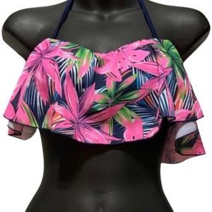 Woman's Hot Pink Tropical Flounce Bikini Crop Top Beachware by Suzicca Sz M